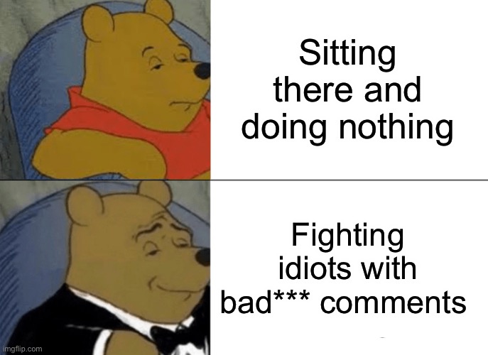 Im the good bad guy | Sitting there and doing nothing; Fighting idiots with bad*** comments | image tagged in memes,tuxedo winnie the pooh | made w/ Imgflip meme maker