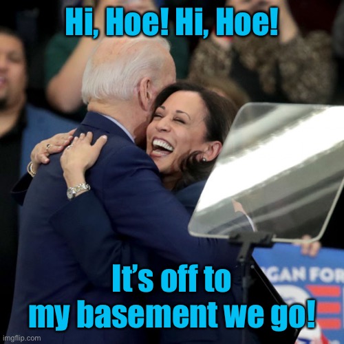 Joe Biden Kamala Harris | Hi, Hoe! Hi, Hoe! It’s off to my basement we go! | image tagged in joe biden kamala harris | made w/ Imgflip meme maker