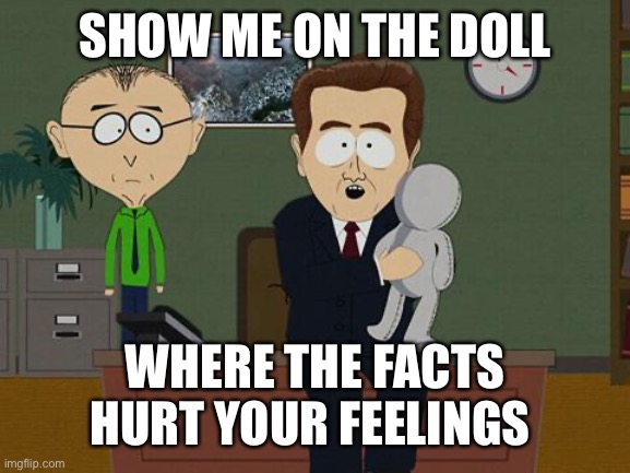 Show me on this doll | SHOW ME ON THE DOLL; WHERE THE FACTS HURT YOUR FEELINGS | image tagged in show me on this doll | made w/ Imgflip meme maker