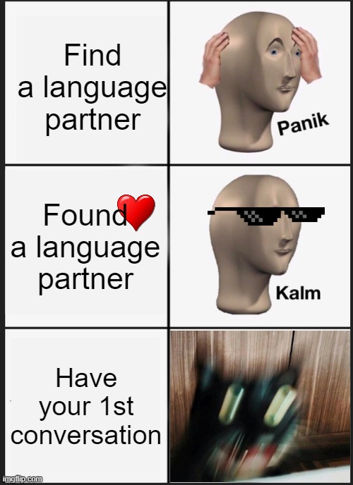 Learning new languages | Find a language partner; Found a language partner; Have your 1st conversation | image tagged in memes,panik kalm panik | made w/ Imgflip meme maker