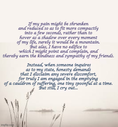 Pain Relative to Time | If my pain might be shrunken and reduced so as to fit more compactly into a few seconds, rather than to hover as a shadow over every moment of my life, surely it would be a mountain. But alas, I have no edifice to which I might point and complain, and thereby earn the kindness and sympathy of my friends. Instead, when someone inquires as to my state, honesty demands that I disclaim any severe discomfort, for truly I am engaged in the emptying of a cauldron of suffering, one tiny spoonful at a time.
But still, I cry out... | image tagged in sadness | made w/ Imgflip meme maker