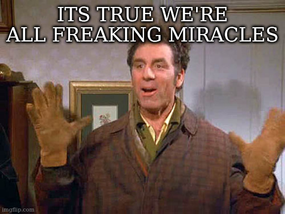 we're all precious miracles we survived childbirth be nice to each other | ITS TRUE WE'RE ALL FREAKING MIRACLES | image tagged in festivus miracle,water headed baby | made w/ Imgflip meme maker