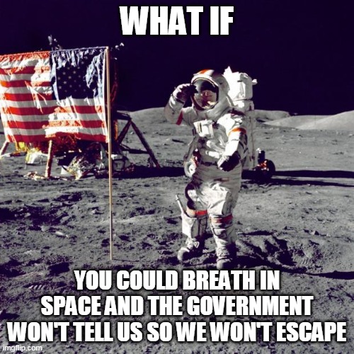 Neil Armstrong | WHAT IF; YOU COULD BREATH IN SPACE AND THE GOVERNMENT WON'T TELL US SO WE WON'T ESCAPE | image tagged in neil armstrong | made w/ Imgflip meme maker