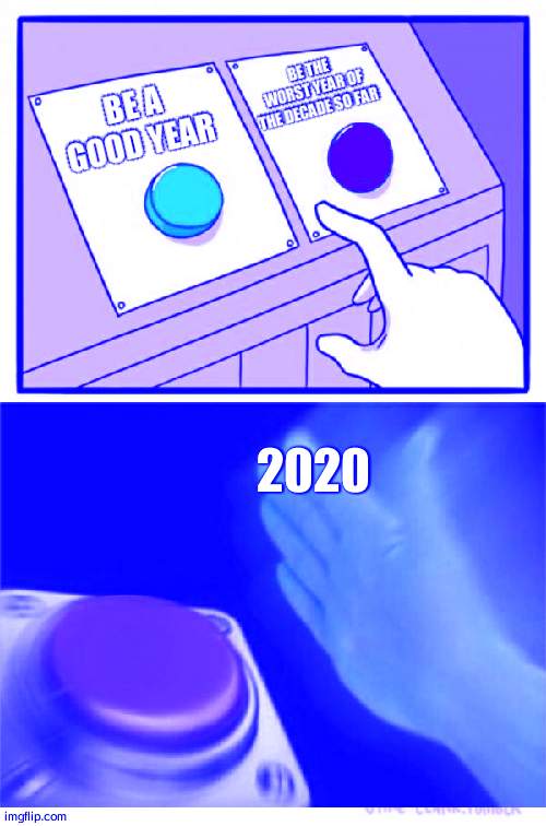 ah yes | BE THE WORST YEAR OF THE DECADE SO FAR; BE A GOOD YEAR; 2020 | image tagged in two buttons 1 blue | made w/ Imgflip meme maker