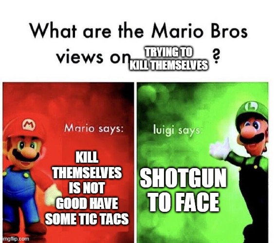 What are the Mario bros Views on Trying To Kill Themselves | TRYING TO KILL THEMSELVES; KILL THEMSELVES IS NOT GOOD HAVE SOME TIC TACS; SHOTGUN TO FACE | image tagged in mario bros views | made w/ Imgflip meme maker