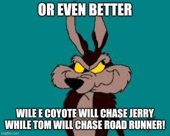Wiley C. Coyote Idea | OR EVEN BETTER WILE E COYOTE WILL CHASE JERRY WHILE TOM WILL CHASE ROAD RUNNER! | image tagged in wiley c coyote idea | made w/ Imgflip meme maker