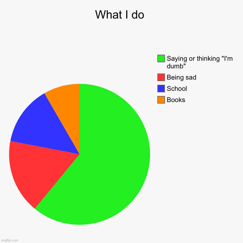 What I do | What I do | Books, School, Being sad, Saying or thinking "I'm dumb" | image tagged in charts,pie charts,eh | made w/ Imgflip chart maker