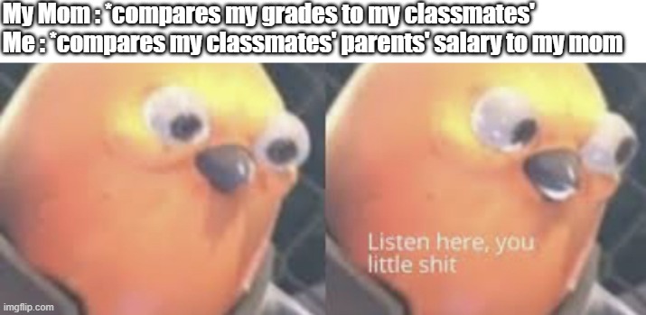 Listen here you little shit bird | My Mom : *compares my grades to my classmates'
Me : *compares my classmates' parents' salary to my mom | image tagged in listen here you little shit bird | made w/ Imgflip meme maker