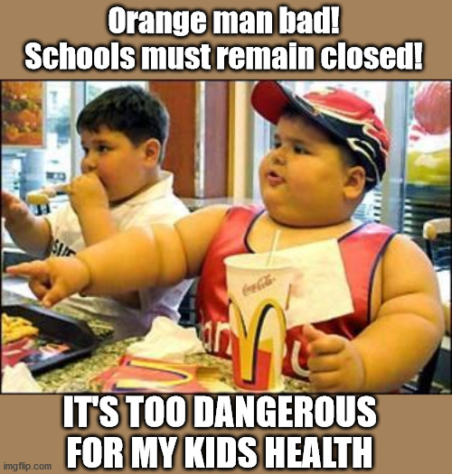 hypochondriac parents be like | Orange man bad!
Schools must remain closed! IT'S TOO DANGEROUS FOR MY KIDS HEALTH | image tagged in fat,covidiots,coronavirus meme,plandemic,trump2020,covid-19 | made w/ Imgflip meme maker
