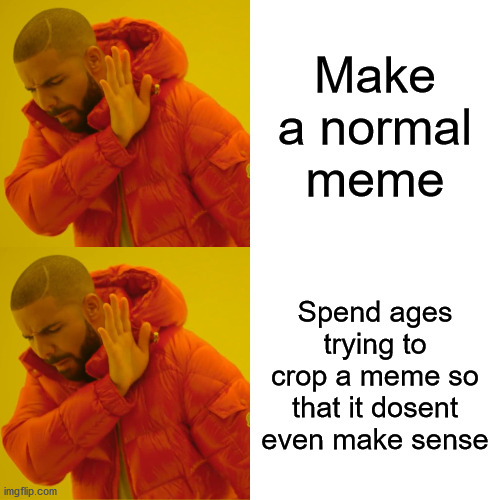 I spent too much time on this | Make a normal meme; Spend ages trying to crop a meme so that it dosent even make sense | image tagged in memes,drake hotline bling | made w/ Imgflip meme maker