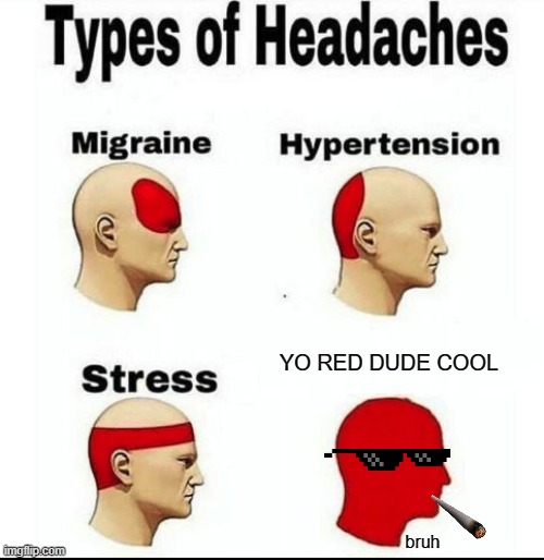 Types of Headaches meme | YO RED DUDE COOL; bruh | image tagged in types of headaches meme | made w/ Imgflip meme maker