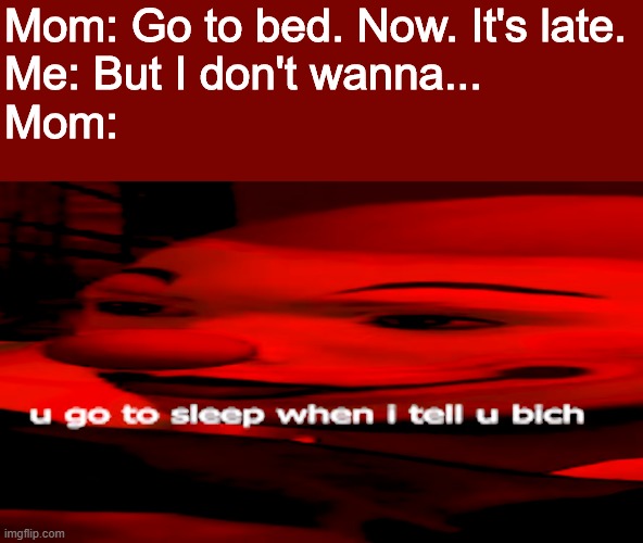 I don't know why I made this when I don't even have a mom.¯\_(ツ)_/¯ | Mom: Go to bed. Now. It's late.
Me: But I don't wanna...
Mom: | image tagged in sleep,bed,mom,sleeping,sleepy | made w/ Imgflip meme maker