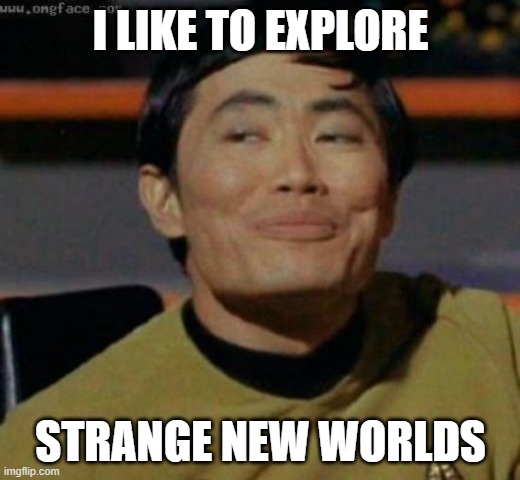 sulu | I LIKE TO EXPLORE STRANGE NEW WORLDS | image tagged in sulu | made w/ Imgflip meme maker