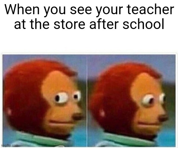 Monkey Puppet | When you see your teacher at the store after school | image tagged in memes,monkey puppet | made w/ Imgflip meme maker