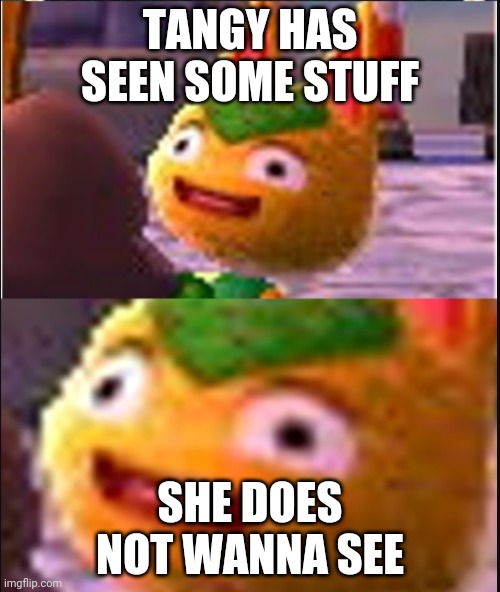 Tangy - WHAT | TANGY HAS SEEN SOME STUFF; SHE DOES NOT WANNA SEE | image tagged in isabelle animal crossing announcement | made w/ Imgflip meme maker