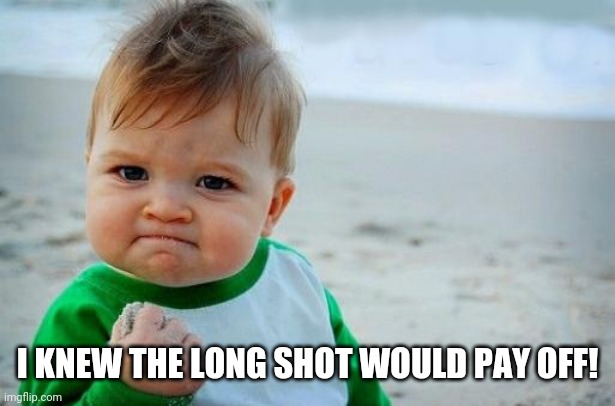 Yes Baby | I KNEW THE LONG SHOT WOULD PAY OFF! | image tagged in yes baby | made w/ Imgflip meme maker