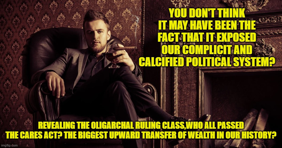 YOU DON'T THINK IT MAY HAVE BEEN THE FACT THAT IT EXPOSED OUR COMPLICIT AND CALCIFIED POLITICAL SYSTEM? REVEALING THE OLIGARCHAL RULING CLAS | made w/ Imgflip meme maker