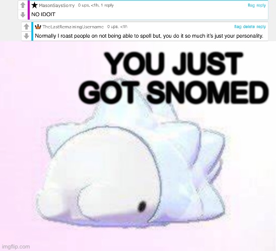 I haven’t posted here in awhile but here I am :) | image tagged in you just got snomed | made w/ Imgflip meme maker