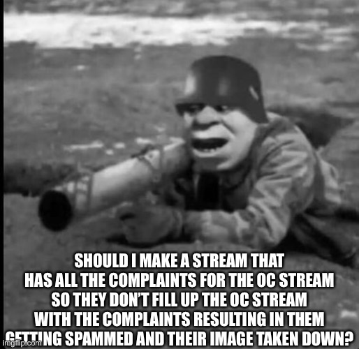 SHOULD I MAKE A STREAM THAT HAS ALL THE COMPLAINTS FOR THE OC STREAM SO THEY DON’T FILL UP THE OC STREAM WITH THE COMPLAINTS RESULTING IN THEM GETTING SPAMMED AND THEIR IMAGE TAKEN DOWN? | made w/ Imgflip meme maker