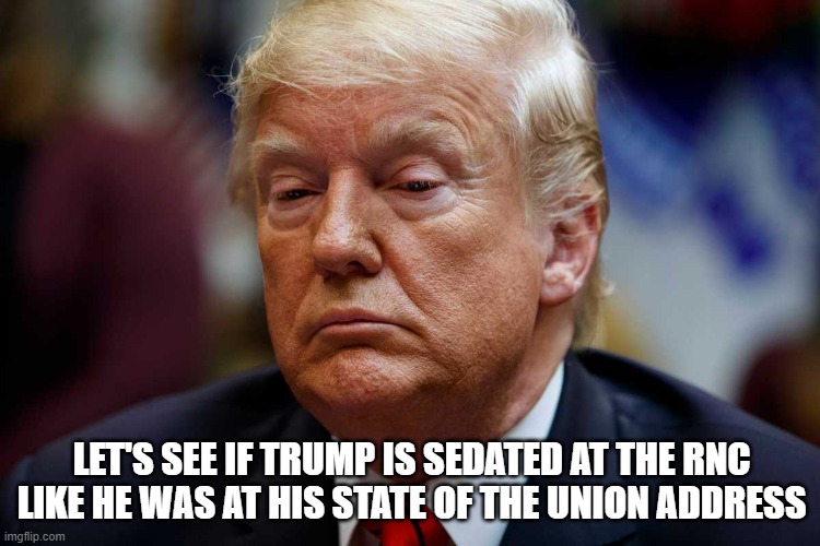 Trump has appeared sedated at several major events | LET'S SEE IF TRUMP IS SEDATED AT THE RNC LIKE HE WAS AT HIS STATE OF THE UNION ADDRESS | image tagged in donald trump is an idiot,trump sedated,election 2020,rnc convention | made w/ Imgflip meme maker