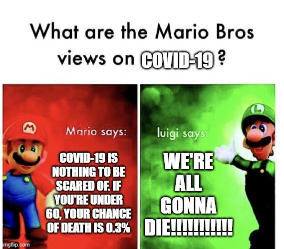 Mario Bros Views | COVID-19; COVID-19 IS NOTHING TO BE SCARED OF. IF YOU'RE UNDER 60, YOUR CHANCE OF DEATH IS 0.3%; WE'RE ALL GONNA DIE!!!!!!!!!!! | image tagged in mario bros views | made w/ Imgflip meme maker