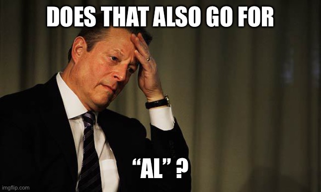 Al Gore Facepalm | DOES THAT ALSO GO FOR “AL” ? | image tagged in al gore facepalm | made w/ Imgflip meme maker