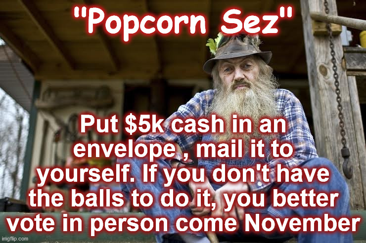 popcorn | "Popcorn Sez"; Put $5k cash in an envelope , mail it to yourself. If you don't have the balls to do it, you better vote in person come November | image tagged in popcorn | made w/ Imgflip meme maker