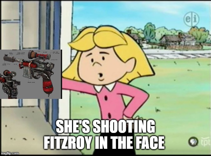 Emily Elizbeth vs Fitzroy | SHE'S SHOOTING FITZROY IN THE FACE | image tagged in cliffordthebigreddog,bioshock | made w/ Imgflip meme maker