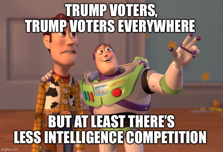 X, X Everywhere | TRUMP VOTERS, TRUMP VOTERS EVERYWHERE; BUT AT LEAST THERE’S LESS INTELLIGENCE COMPETITION | image tagged in memes,x x everywhere | made w/ Imgflip meme maker