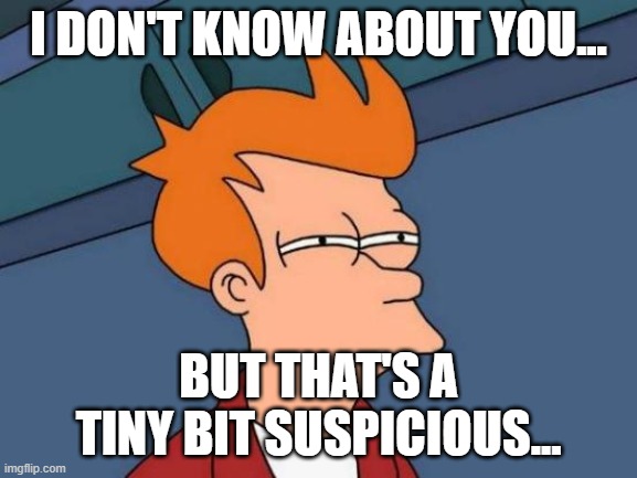 I DON'T KNOW ABOUT YOU... BUT THAT'S A TINY BIT SUSPICIOUS... | image tagged in memes,futurama fry | made w/ Imgflip meme maker
