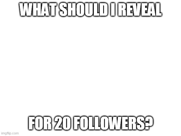 Blank White Template | WHAT SHOULD I REVEAL; FOR 20 FOLLOWERS? | image tagged in blank white template | made w/ Imgflip meme maker