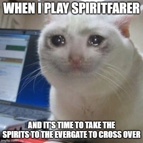 Crying cat | WHEN I PLAY SPIRITFARER; AND IT'S TIME TO TAKE THE SPIRITS TO THE EVERGATE TO CROSS OVER | image tagged in crying cat | made w/ Imgflip meme maker