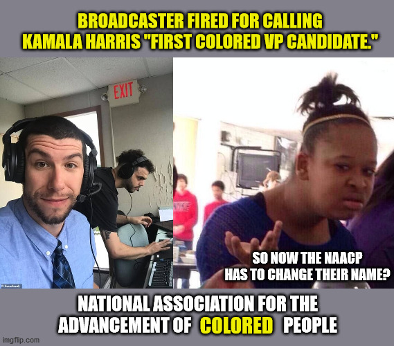 PC Insanity | BROADCASTER FIRED FOR CALLING KAMALA HARRIS "FIRST COLORED VP CANDIDATE."; SO NOW THE NAACP HAS TO CHANGE THEIR NAME? NATIONAL ASSOCIATION FOR THE ADVANCEMENT OF                           PEOPLE; COLORED | image tagged in memes,black girl wat,naacp,political correctness,insanity | made w/ Imgflip meme maker