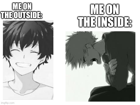 ... | ME ON THE INSIDE:; ME ON THE OUTSIDE: | image tagged in blank white template | made w/ Imgflip meme maker