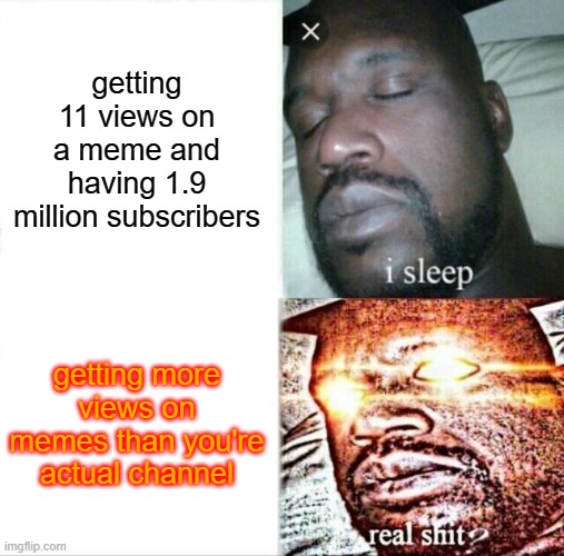 reality | getting 11 views on a meme and having 1.9 million subscribers; getting more views on memes than you're actual channel | image tagged in memes,sleeping shaq | made w/ Imgflip meme maker