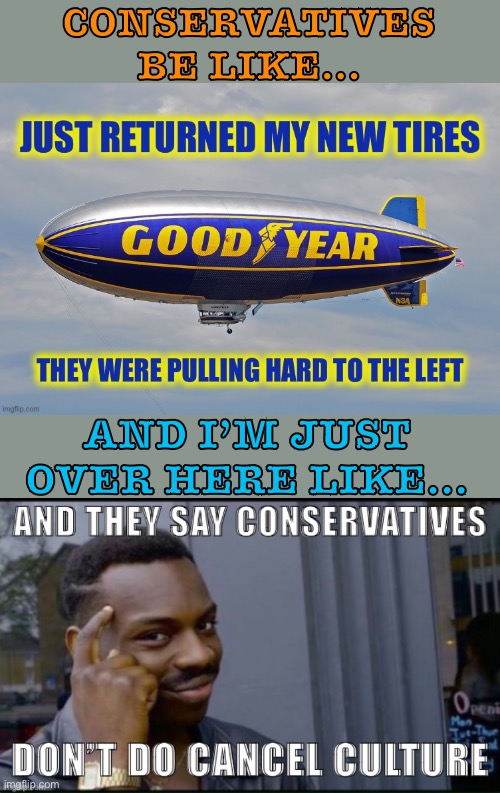 Boycotting a company because they hurt your political feelz? That’s cancel culture. | CONSERVATIVES BE LIKE... AND I’M JUST OVER HERE LIKE... | image tagged in conservative hypocrisy,boycott,conservatives,cancelled,politics lol,blimp | made w/ Imgflip meme maker
