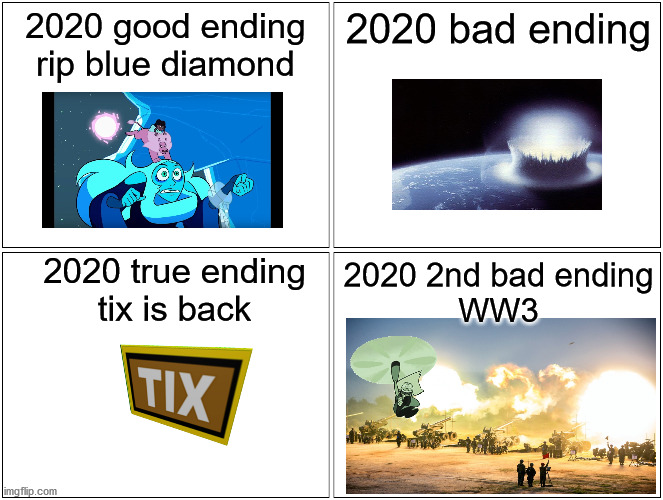 2020 Endings | 2020 good ending
rip blue diamond; 2020 bad ending; 2020 true ending
tix is back; 2020 2nd bad ending
WW3 | image tagged in memes,blank comic panel 2x2 | made w/ Imgflip meme maker