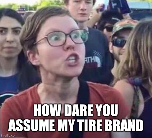 Angry Liberal | HOW DARE YOU ASSUME MY TIRE BRAND | image tagged in angry liberal | made w/ Imgflip meme maker