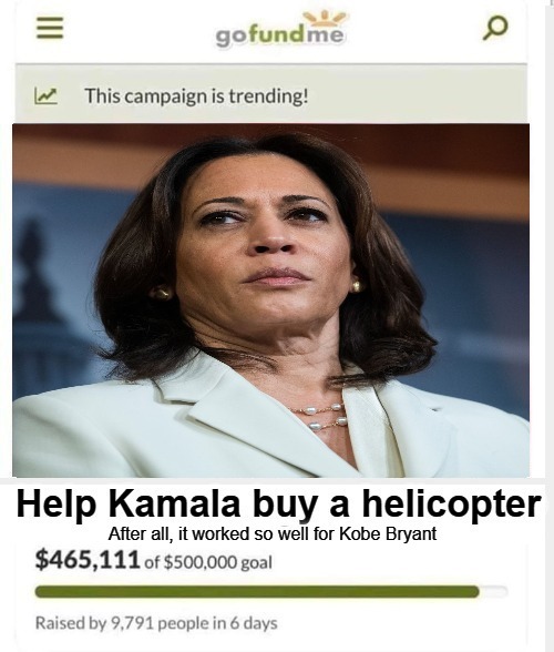 Help Kamala Harris Buy a Helicopter | image tagged in kamala harris,gofundme,helicopter,kobe bryant,joe and the hoe in 2020 | made w/ Imgflip meme maker