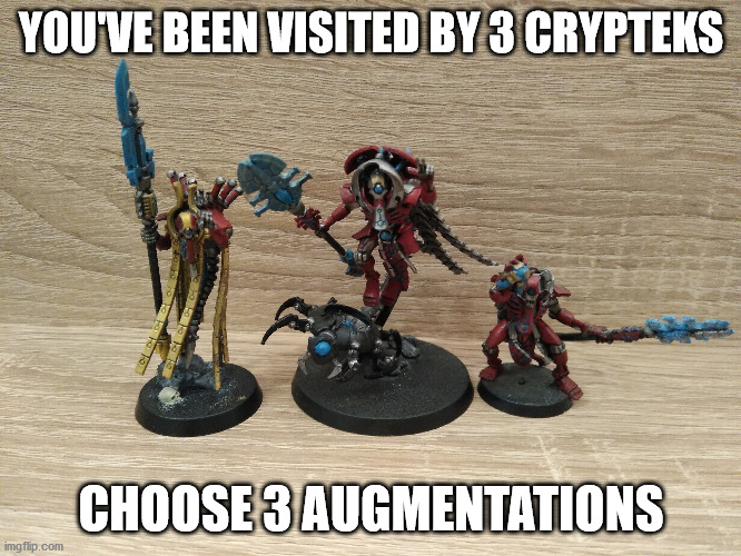Choose wisely... | YOU'VE BEEN VISITED BY 3 CRYPTEKS; CHOOSE 3 AUGMENTATIONS | image tagged in wh40k,40k,warhammer40k,warhammer 40k,necrons | made w/ Imgflip meme maker