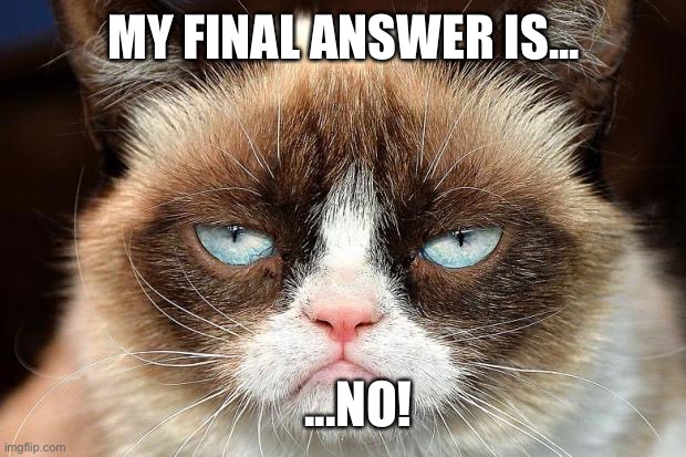 Grumpy Cat Not Amused Meme |  MY FINAL ANSWER IS... ...NO! | image tagged in memes,grumpy cat not amused,grumpy cat | made w/ Imgflip meme maker