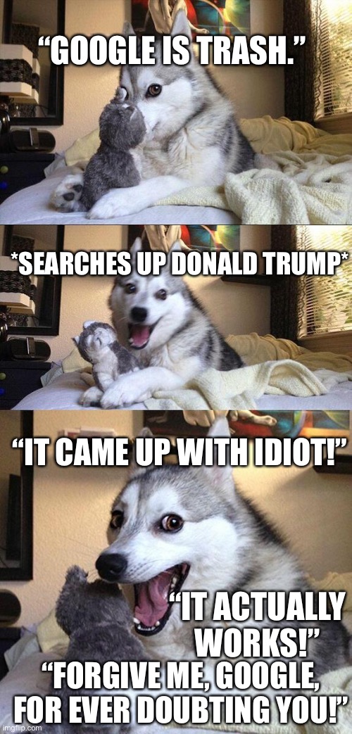 Bad Pun Dog Meme | “GOOGLE IS TRASH.”; *SEARCHES UP DONALD TRUMP*; “IT CAME UP WITH IDIOT!”; “IT ACTUALLY WORKS!”; “FORGIVE ME, GOOGLE, FOR EVER DOUBTING YOU!” | image tagged in memes,bad pun dog | made w/ Imgflip meme maker