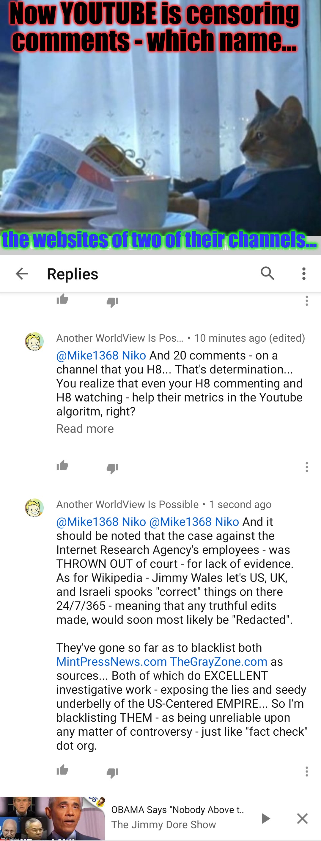 Now YOUTUBE is censoring comments - which name... the websites of two of their channels... | image tagged in memes,i should buy a boat cat | made w/ Imgflip meme maker