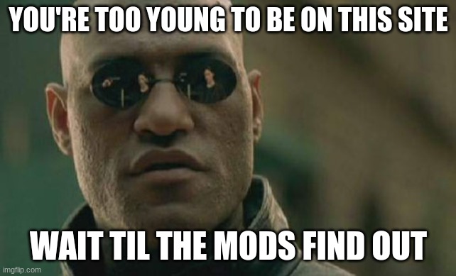 Matrix Morpheus Meme | YOU'RE TOO YOUNG TO BE ON THIS SITE WAIT TIL THE MODS FIND OUT | image tagged in memes,matrix morpheus | made w/ Imgflip meme maker