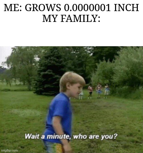 Wait a minute, who are you? | ME: GROWS 0.0000001 INCH
MY FAMILY: | image tagged in wait a minute who are you | made w/ Imgflip meme maker