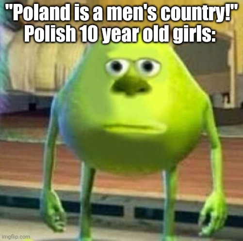I know it's a joke, i just had this idea | "Poland is a men's country!"
Polish 10 year old girls: | image tagged in mike wasowski sully face swap,poland,girls,slavic | made w/ Imgflip meme maker