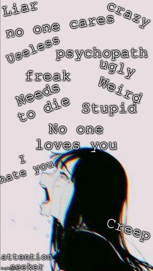 crazy; no one cares; Liar; Useless; psychopath; ugly; freak; Weird; Needs to die; Stupid; No one loves you; I hate you; Creep; attention seeker | made w/ Imgflip meme maker