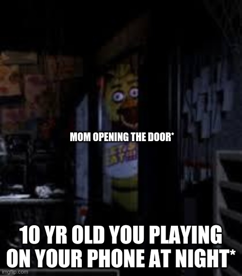 Chica Looking In Window FNAF | MOM OPENING THE DOOR*; 10 YR OLD YOU PLAYING ON YOUR PHONE AT NIGHT* | image tagged in chica looking in window fnaf | made w/ Imgflip meme maker