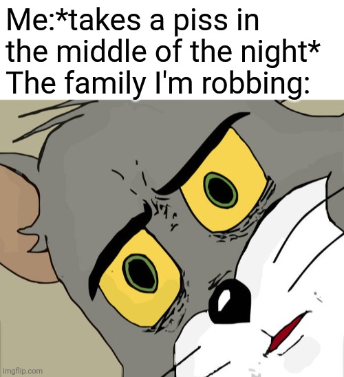 True story. | Me:*takes a piss in the middle of the night*
The family I'm robbing: | image tagged in blank white template,memes,unsettled tom | made w/ Imgflip meme maker