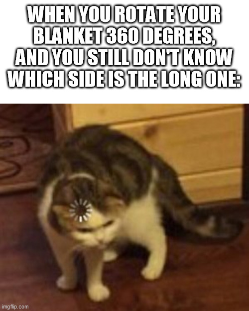 Loading cat | WHEN YOU ROTATE YOUR BLANKET 360 DEGREES, AND YOU STILL DON'T KNOW WHICH SIDE IS THE LONG ONE: | image tagged in loading cat | made w/ Imgflip meme maker